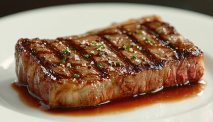 Close-Up of a Delicious, Juicy Grilled Steak with Perfect Grill Marks, Presented on a White Plate