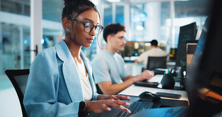 Computer, programmer and research with woman in office for game designer, coding app and ux update. Software development, graphics upgrade and level gameplay with employee in coworking agency