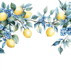 Watercolor Lemon tree branches seamless border,lemon set On a white background,Summer citrus fruit,Juicy colors,Hand drawn lemon set,Botanical illustration collection,Whole lemons,banner menu drink.