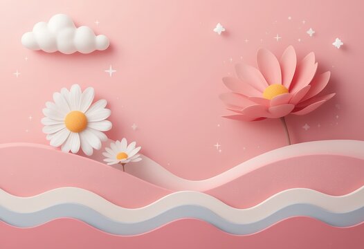 Soft pastel paper cutout landscape with flowers clouds and stars over rolling hills and waves