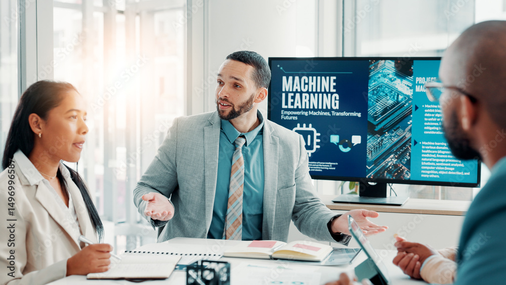 Poster Machine learning, business people and ai with teamwork, talking and cyber security with software update. Feedback, employees and tech expert in office, development and display with data scientist