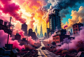 Colorful Clouds Over a Futuristic Cityscape
