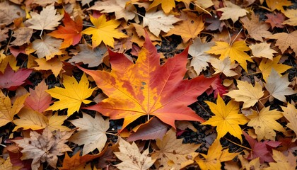 Autumn leaves lying on the floor. maple leaf