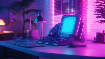Retro workstation illuminated by vaporwave aesthetic lighting in an interior setting