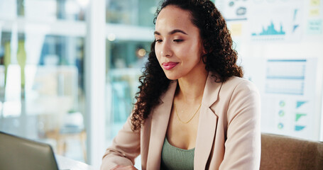 Office, businesswoman and reading with laptop for accountant, auditing and online for investment...