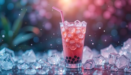 refreshing pink bubble tea with ice cubes, featuring tapioca pearls at the bottom of the glass.