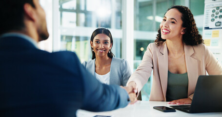 Handshake, meeting and business women with smile in interview for recruitment, deal or welcome....