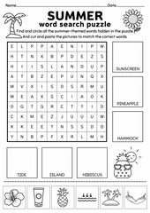 Summer Word Search Puzzle for Kids, Cut and Paste Activity, Printable Puzzle Game, Vocabulary Worksheet, End of Year, Brain Game, Kids Game