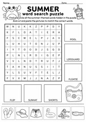 Summer Word Search Puzzle for Kids, Cut and Paste Activity, Printable Puzzle Game, Vocabulary Worksheet, End of Year, Brain Game, Kids Game