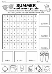 Summer Word Search Puzzle for Kids, Cut and Paste Activity, Printable Puzzle Game, Vocabulary Worksheet, End of Year, Brain Game, Kids Game