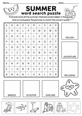 Summer Word Search Puzzle for Kids, Cut and Paste Activity, Printable Puzzle Game, Vocabulary Worksheet, End of Year, Brain Game, Kids Game
