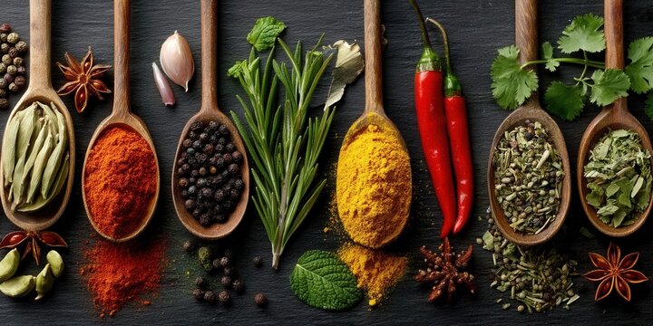 Aromatische Gew&uuml;rz- und Kr&auml;uterkollektion auf Holzl&ouml;ffeln