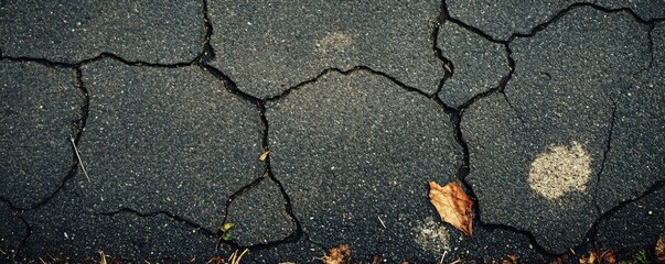 Obraz premium Cracked pavement with fallen leaf in urban area