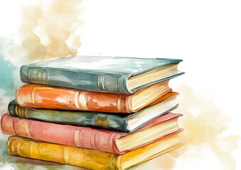 Watercolor illustration of a stack of vintage books with elegant covers and decorative details - vector illustration