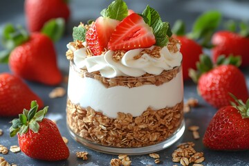 Fresh Strawberry Parfait with Granola and Cream for a Delicious Breakfast or Snack