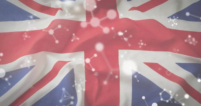 Opening showing UK flag rippling, flattening with molecules floating illustrating science