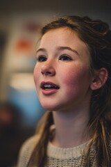 Freckled Teenage Girl Looking Upward With a Thoughtful Expression, Illustrating Youthful Aspiration and Personal Growth : Generative AI