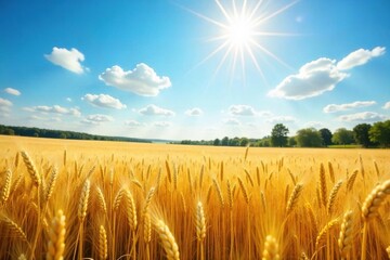 Sun-drenched golden wheat field swaying gently in a summer breeze, a picturesque landscape under a vast blue sky  Perfect for idyllic summer, rural, and harvest themes ,  sunlight,  blue sky