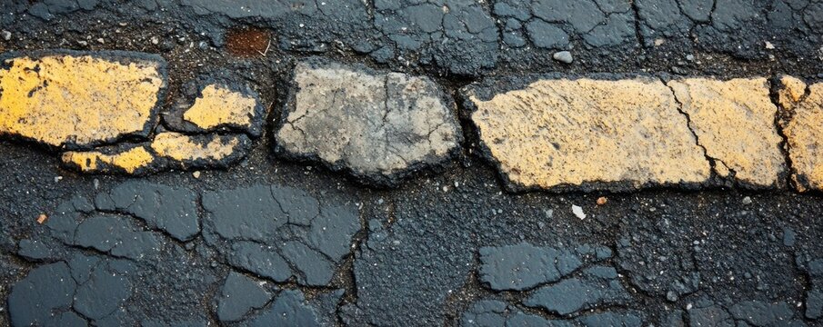 Cracked asphalt road with yellow markings in focus - Powered by Adobe