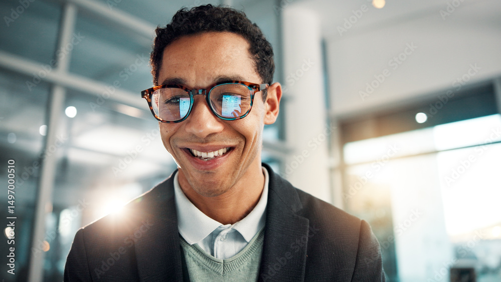 Poster glasses, smile and tablet with business man in office for administration, planning and research. app