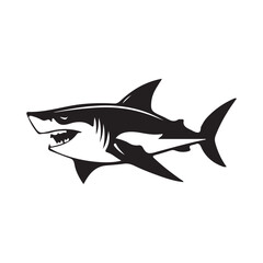 Obraz premium Vector illustration of a scary shark silhouette with sharp teeth and an aggressive pose isolated on white background.