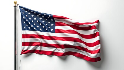 Obraz premium American Pride: The American flag flutters with patriotic fervor, its red and white stripes and field of stars symbolizing freedom and unity in a close-up against a white background.