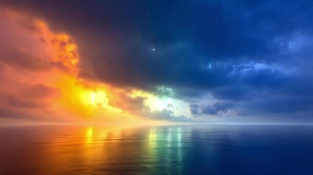 Colorful sun rays peek through thunderclouds 