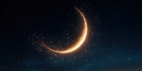 Fototapeta premium Crescent moon illuminates the night sky with shimmering stars scattered across a tranquil evening