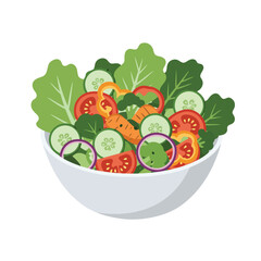 Salad bowl with vegetables and greens isolated on white background. Flat vector illustration of fresh and healthy vegan lunch meal. Organic vegetarian nutrition food concept.