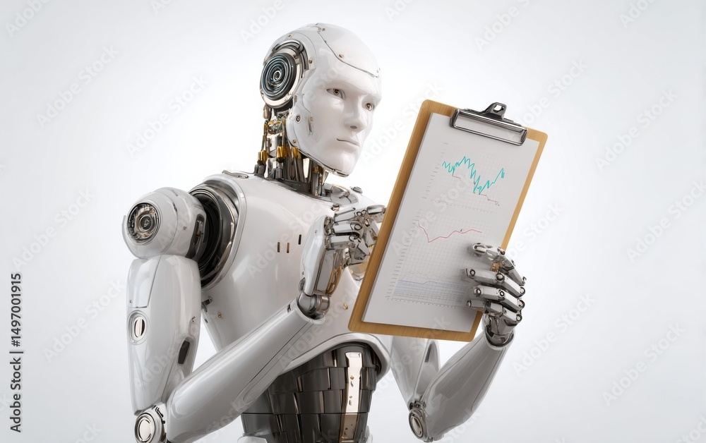 Poster robot analyzes financial data while holding a clipboard with graphs and charts in a modern setting