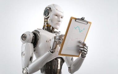 Naklejka premium Robot analyzes financial data while holding a clipboard with graphs and charts in a modern setting