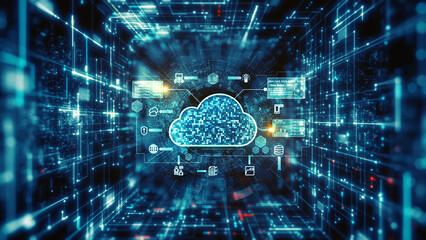 High-tech cloud computing interface with data icons analytics and digital data connections in a glowing digital network tunnel, ideal for technology data network environment background