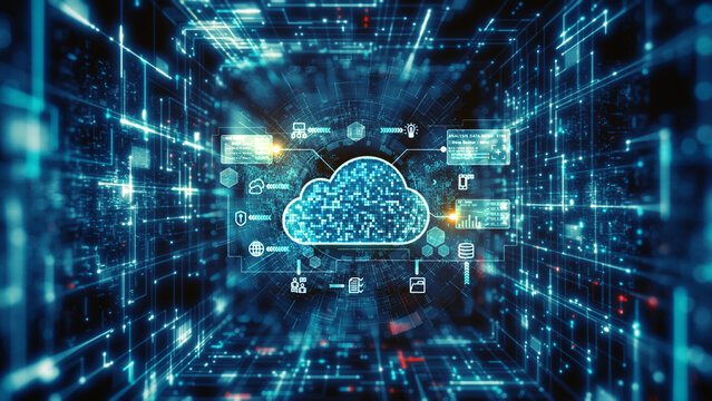 High-tech cloud computing interface with data icons analytics and digital data connections in a glowing digital network tunnel, ideal for technology data network environment background