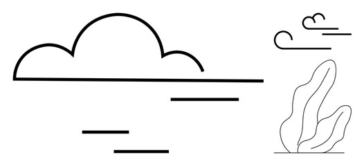 Clean design featuring a large outlined cloud, smaller clouds, and abstract plant. Ideal for nature, weather, minimalism, calmness, eco-friendly themes, modern design simple landing page