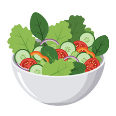 Salad bowl with vegetables and greens isolated on white background. Flat vector illustration of fresh and healthy vegan lunch meal. Organic vegetarian nutrition food concept.