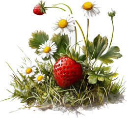 Watercolor painting of a strawberry bush with plump red strawberries hanging from lush green vines - vector illustration