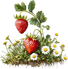 Watercolor painting of a strawberry bush with vibrant red strawberries and lush green leaves - vector illustration