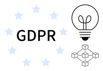 GDPR text surrounded by stars, light bulb icon symbolizing ideas, and blockchain network. Ideal for data protection, innovation, compliance, technology, privacy security digital laws. A flat simple