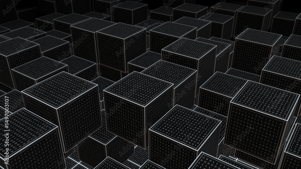 Poster 3d dark cubes filled with binary code representing blockchain technology and secure digital data sys