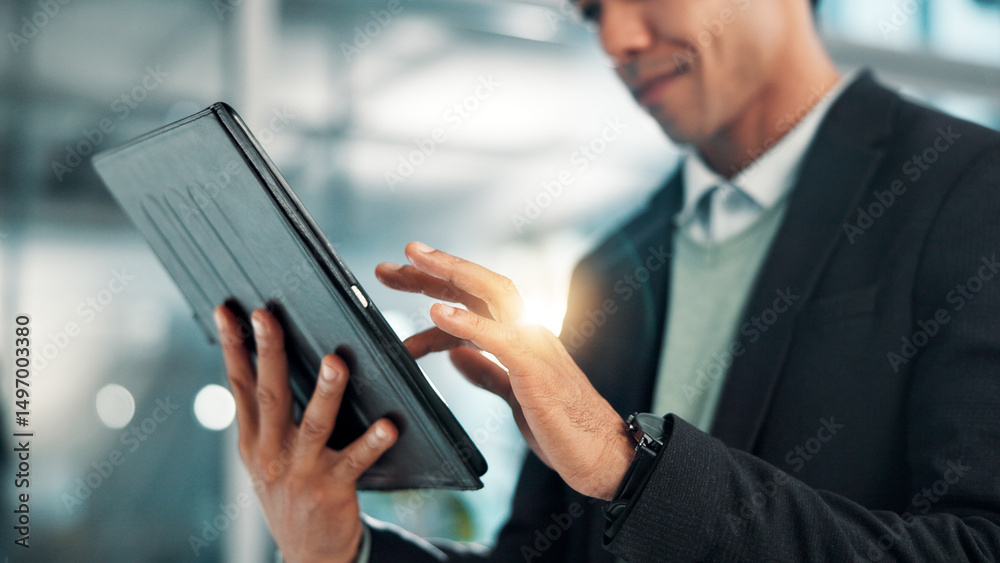 Poster hands, business man and tablet in office for reading email, scroll and insurance update for policy. 