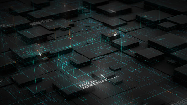 3D blockchain and digital data network with glowing circuitry and tech blocks, ideal for cryptocurrency, fintech, and decentralized systems visuals. Technology abstract background 3D Rendering - Powered by Adobe