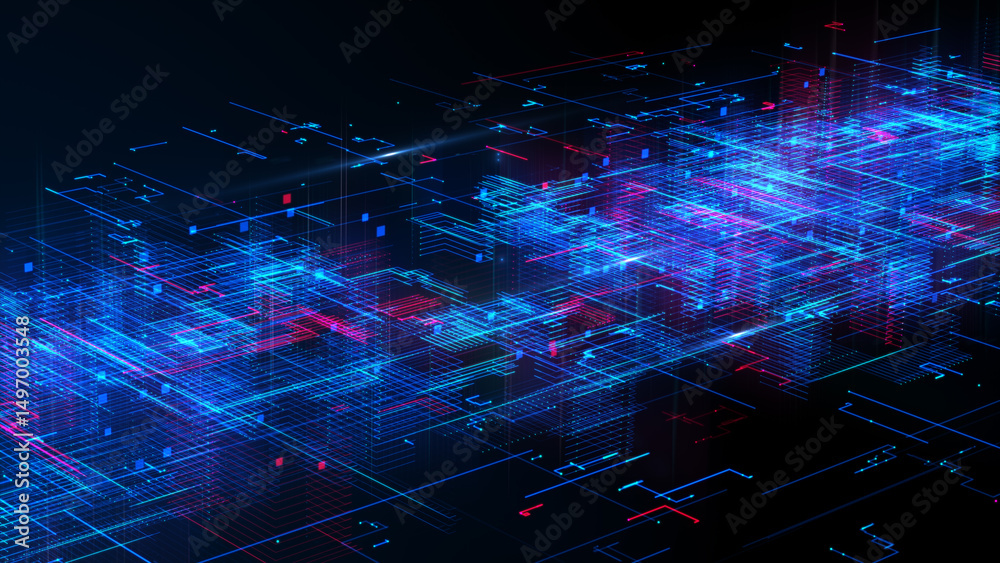 Poster high-tech abstract network background with blue and red data lines and grid structures, ideal for di