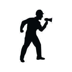 Silhouettes of construction workers using megaphones, depicting communication, leadership, and direction on a job site