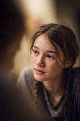 Fototapeta premium Pensive Girl with Braids Looking Upward in Soft Light, Depicting Introspection and Childhood Development : Generative AI