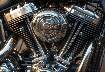 Fototapete Motorrad close up detailed view of a shiny chrome motorcycle engine showing mechanical components and design  © Pungkas