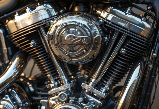 close up detailed view of a shiny chrome motorcycle engine showing mechanical components and design
