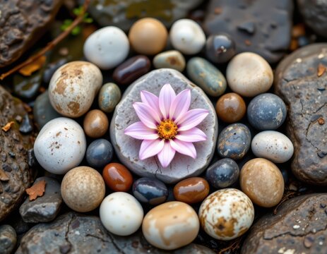 river rocks arranged in spiral with flower in center, symbolic order in natural randomness