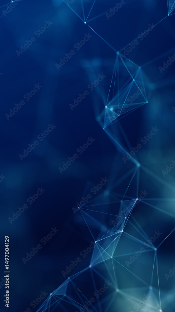 Poster vertical abstract tech background in blue featuring network nodes and polygonal connections, ideal f