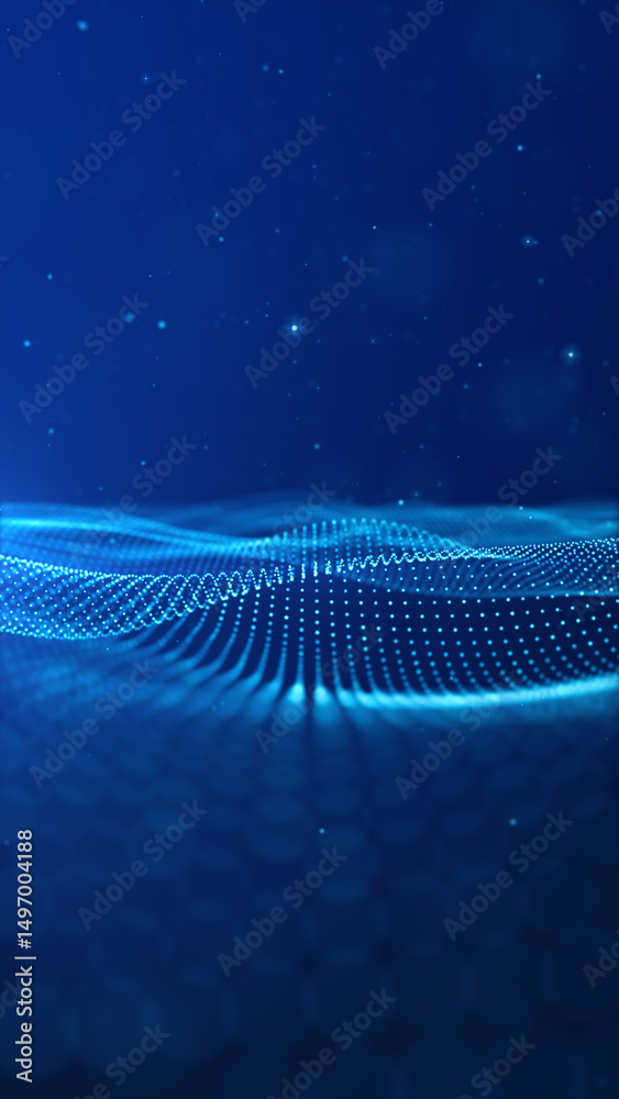 Poster futuristic vertical tech background featuring a glowing digital wave particle grid in deep blue, dig