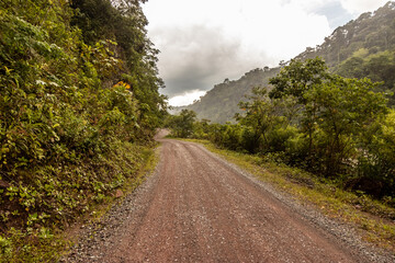Unpaved 5NA road between Codo de Pozuzo and Pozuzo in Pozuzo river valley, Peru